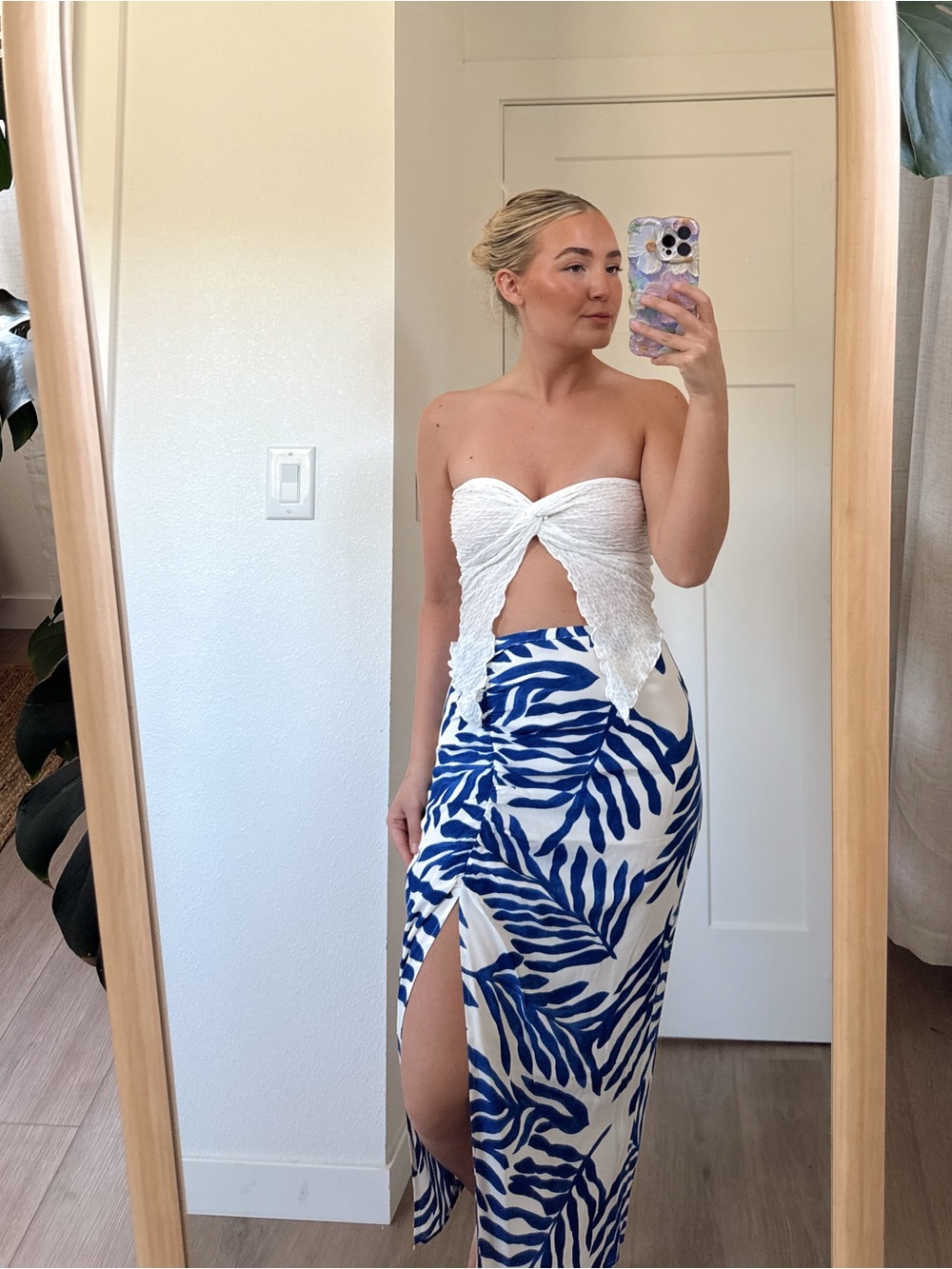 H&M Blue Palm Leaf Maxi Skirt